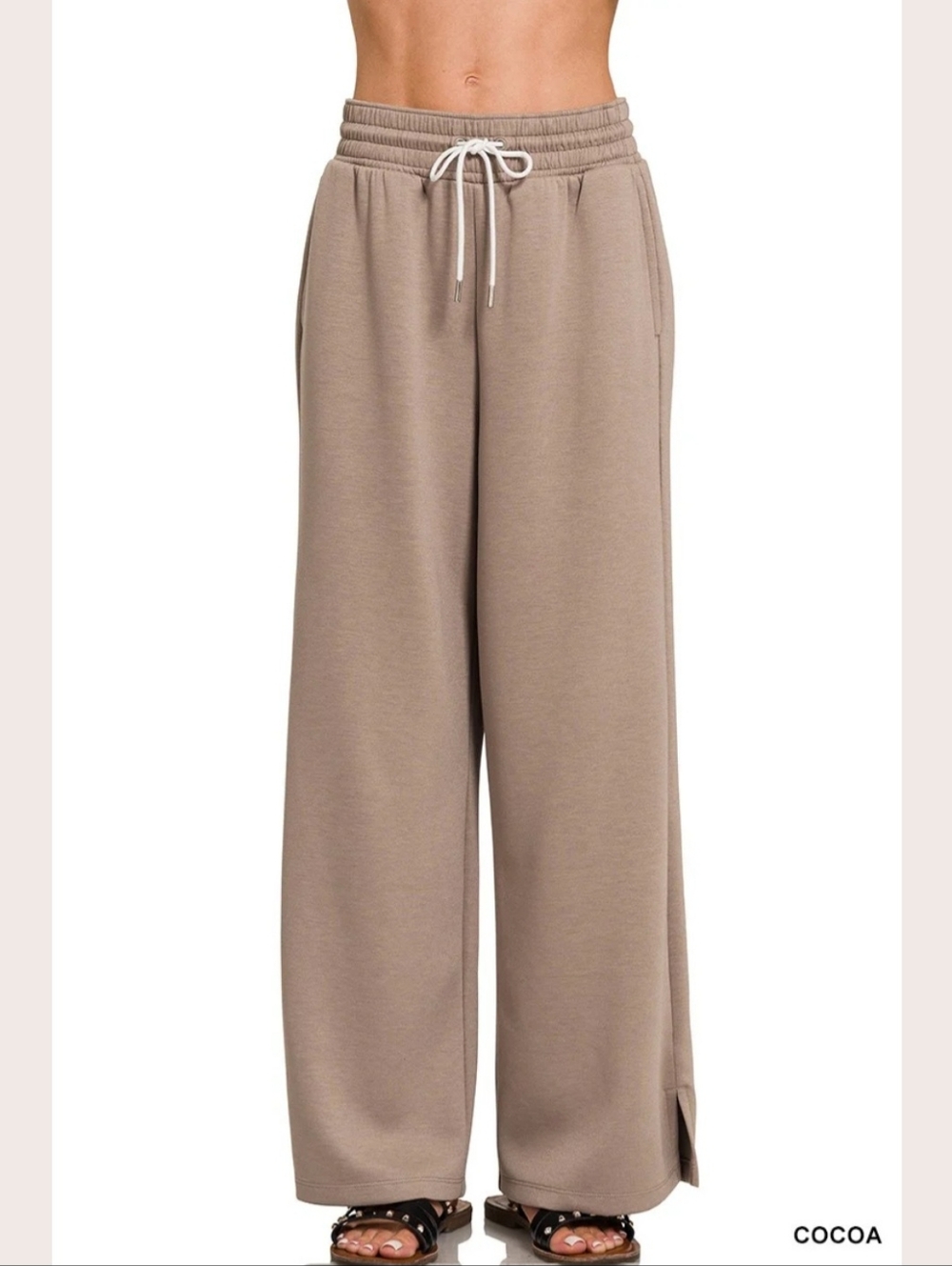 Zenana Scuba Relaxed Wide-Leg Drawstring Pants- in Cocoa
